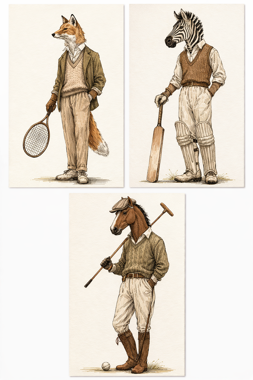 set of 3 vintage smart sports animals - unframed