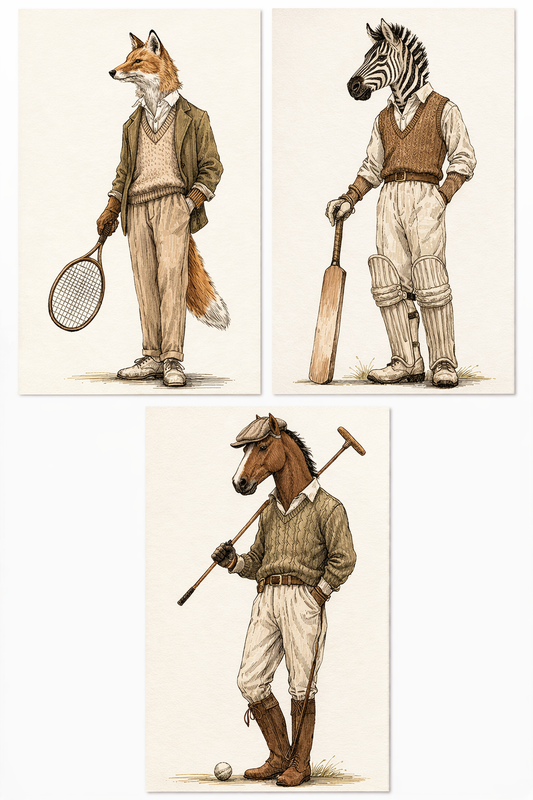 set of 3 vintage smart sports animals - unframed
